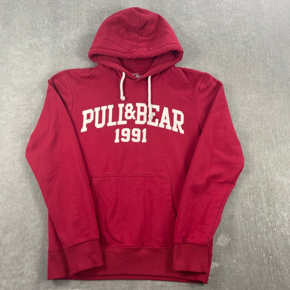 Pull&Bear Mens‎ Small Red Hoodie Graphic Logo Pullover 1991